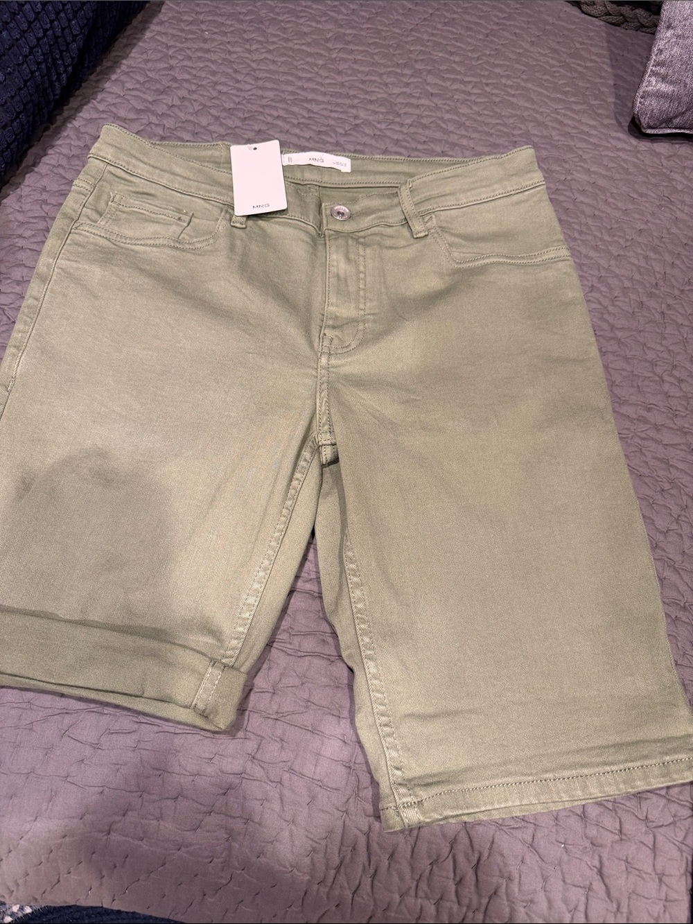Mango Olive Green Denim Bermuda Shorts